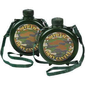 Fun Express Set of 12 Pieces Canteens for Kids Party, Each has Nylon Strap and Holds 15 oz, BPA Free Plastic, Camouflage Canteen, Party Favor and Toys, Deep Olive