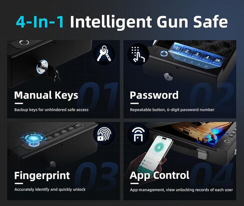 Gun Safe with Handle, Biometric Gun Safe for Handgun, 4-Ways unlock with Sound(APP, Fingerprint, Digital PIN, Key), Smart Lock Box For Cloakroom, Living Room, Bedroom Nightstand and Car in Saudi Arabia
