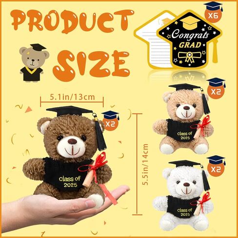 Yesaior 12 قطعة 5.5 بوصة هدية قطيفة لدب التخرج، 6 قطع دب التخرج المحشو الدب الحيواني مع قبعة التخرج و6 بطاقات تهنئة لفئة 2024 هدايا حفلات الكلية في المدرسة الثانوية في رياض الأطفال in Kuwait