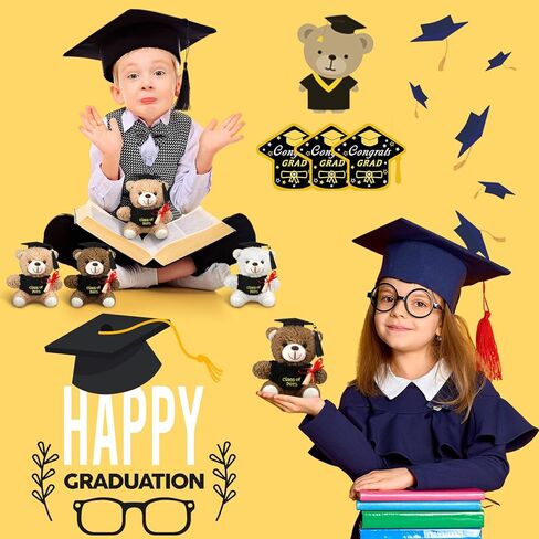 Yesaior 12 قطعة 5.5 بوصة هدية قطيفة لدب التخرج، 6 قطع دب التخرج المحشو الدب الحيواني مع قبعة التخرج و6 بطاقات تهنئة لفئة 2024 هدايا حفلات الكلية في المدرسة الثانوية في رياض الأطفال in Kuwait