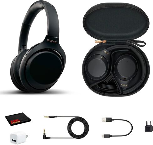 Sony WH-1000XM4 Wireless Noise Canceling Overhead Headphones with Mic for Phone-Call, Voice Control, Black, with USB Wall Adapter and Microfiber Cleaning Cloth - Bundle in Saudi Arabia