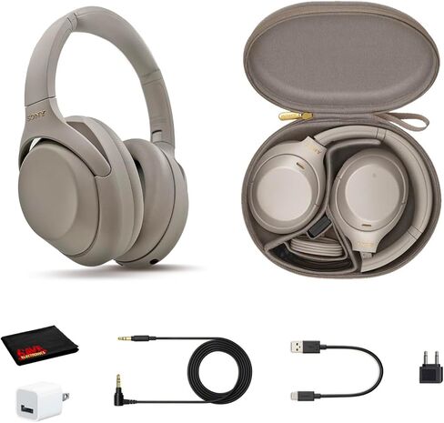 Sony WH-1000XM4 Wireless Noise Canceling Overhead Headphones with Mic for Phone-Call, Voice Control, Black, with USB Wall Adapter and Microfiber Cleaning Cloth - Bundle in Kuwait
