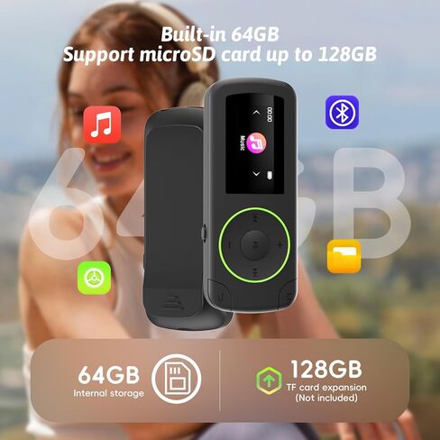 64GB Sport Clip on MP3 Player with Bluetooth- Superlight Music Player with Clip and Earphones, MicroSD Support, A-B Repeat, Shuffle Playback for Running, Cycling, Hiking, Climbing and Yoga in Kuwait