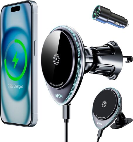 شاحن سيارة لاسلكي مغناطيسي من KPON، شاحن حامل للهاتف بفتحة تهوية متوافق مع MagSafe لهاتف iPhone 15 14 13 12 Pro Max (أسود) in Kuwait
