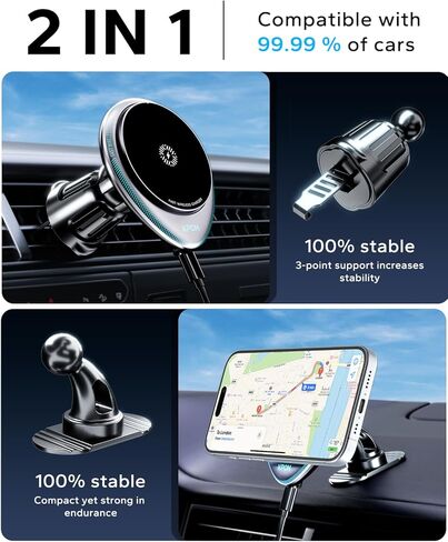 شاحن سيارة لاسلكي مغناطيسي من KPON، شاحن حامل للهاتف بفتحة تهوية متوافق مع MagSafe لهاتف iPhone 15 14 13 12 Pro Max (أسود) in Kuwait