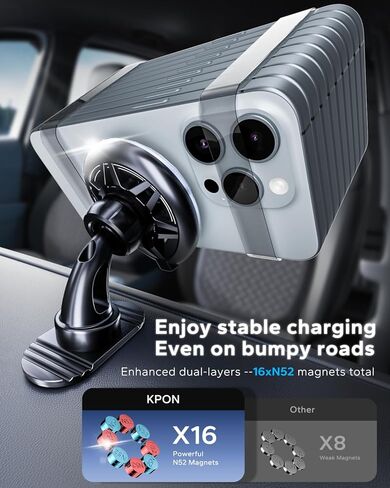 شاحن سيارة لاسلكي مغناطيسي من KPON، شاحن حامل للهاتف بفتحة تهوية متوافق مع MagSafe لهاتف iPhone 15 14 13 12 Pro Max (أسود) in Kuwait