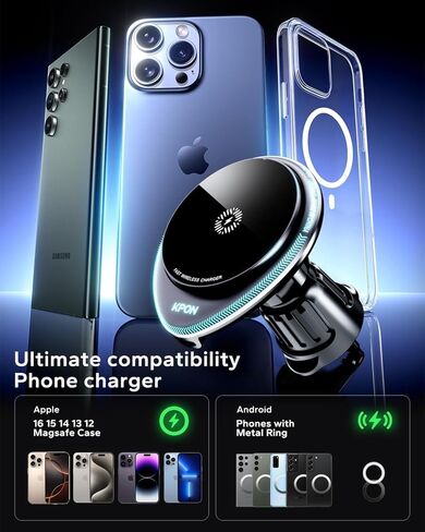 شاحن سيارة لاسلكي مغناطيسي من KPON، شاحن حامل للهاتف بفتحة تهوية متوافق مع MagSafe لهاتف iPhone 15 14 13 12 Pro Max (أسود) in Kuwait
