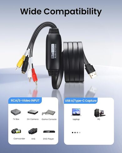 VHS to Digital Converter, avedio links USB2.0 Video Cpture Card, RCA AV to USB Audio Video Converter, 1080P Video Capture Device Convert VHS VCR DVD to Digital Adapter, Compatible with Windows, Mac OS in Kuwait