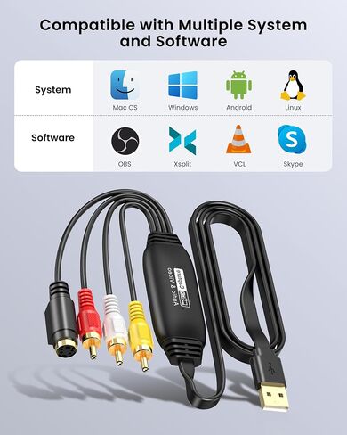 VHS to Digital Converter, avedio links USB2.0 Video Cpture Card, RCA AV to USB Audio Video Converter, 1080P Video Capture Device Convert VHS VCR DVD to Digital Adapter, Compatible with Windows, Mac OS in Kuwait