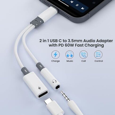 USB C to 3.5mm Headphone Adapter with Charger, 2 in 1 USB C to Aux Audio Jack Headphone Adapter with PD 60W Charging Dongle Splitter Compatible with iPhone 16/15Pro Max, Galaxy S25/S24/S23, Pixel 9/8 in Kuwait