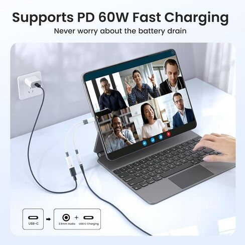 USB C to 3.5mm Headphone Adapter with Charger, 2 in 1 USB C to Aux Audio Jack Headphone Adapter with PD 60W Charging Dongle Splitter Compatible with iPhone 16/15Pro Max, Galaxy S25/S24/S23, Pixel 9/8 in Kuwait