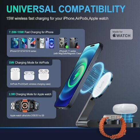 Foldable 3 in 1 Charging Station for Apple Devices with USB C Charger,Wireless Charger for Travel and Office & Home in Kuwait