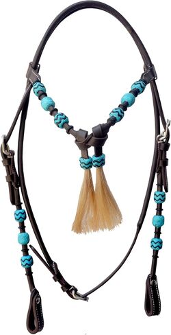 WeavingCraft Western Leather Round Headstall with Natural Hand Braided Turquoise Rawhide Futurity Knot Natural Hair Tassels Bridle -Dark Brown in Saudi Arabia