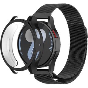 أشرطة معدنية ذات قضية مغناطيسية ناعمة TPU متوافقة مع Samsung Galaxy Watch 7 40mm 44mm ، حزام شبكة من الفولاذ المقاوم للصدأ قابل للتعديل للنساء للنساء