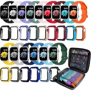 15 Pack Band Case Compatible with Apple Watch Bands 40mm 41mm 42mm 44mm 45mm 46mm Women Men, Soft Silicone Strap with Screen Protector Case&Storage Organizer for iWatch Series 10 9 8 7 6 5 4 SE SE2