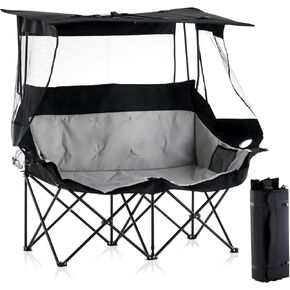 CLIPOP Double Camping Chair with Canopy, Portable Outdoor Folding Chair with Cup Holders, Side Pocket, Oversized Beach Chair with Canopy Shade for Lawn Patio Hiking, Blue