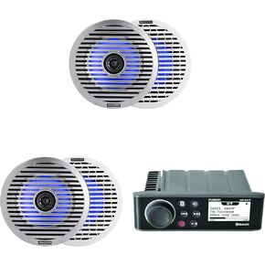 Fusion Entertainment MS-RA70 Marine Entertainment System with Bluetooth w/ (2 Pair) 51KM614FL 6.5-Inch (165mm) Thin-Mount Marine Coaxial Speakers with RGB LED, 4-Ohm, White & Silver Grilles Included