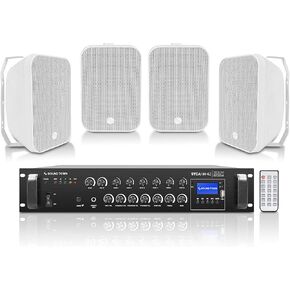 Sound Town Commercial Restaurant Bluetooth Amplifier + Surface-Mount Speaker Set, with One 6-Zone 70V/100V Amplifier with Bluetooth, 4 x 6.5-Inch Surface-Mount Speakers, White (STCA180X4MS6W)