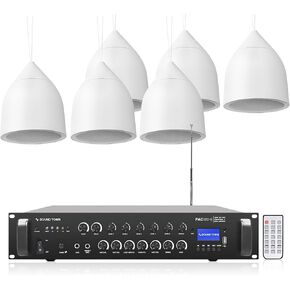 Sound Town Commercial Restaurant Bluetooth Amplifier + Pendant Speaker Set, with One 6-Zone 70V/100V Amplifier with Bluetooth, 6 x Weather-Resistant 6.5-Inch Pendant Speakers, White (PAC180X6PD6W)