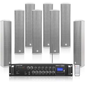 Sound Town Commercial Restaurant Bluetooth Amplifier + Column Speaker Set, with One 6-Zone 70V/100V Amplifier with Bluetooth, 8 x All-Weather Four 5-Inch Column Speakers, Grey (STCA600X8CL45G)