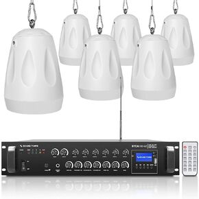 Sound Town Commercial Restaurant Bluetooth Amplifier + Pendant Speaker Set, with One 6-Zone 70V/100V Amplifier with Bluetooth, 6 x All-Weather 4-Inch Pendant Speakers, White (STCA180X6PD4W)