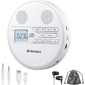 CD Player Portable, Rechargeable Portable CD Player with Dual Speakers and Anti Skip,CD,Dual Bluetooth,FM Transmission,USB,AUX,LCD Display,Sensitive Button,Repeat,10 Speeds for Home Car White