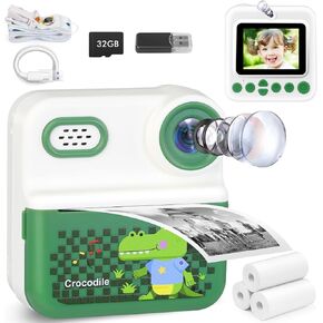 Kids Camera Instant Print with 32GB Card, 1080p Video, 2.4in Screen, Front Rear Dual Selfie, Perfect Christmas Birthday Gifts Portable Travel Toys Camera for Kids 3-12 Years (Green)