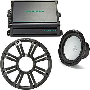 Kicker 10 Inch LED Marine Subwoofer (Charcoal) 600 Watt Amplifier Bundle