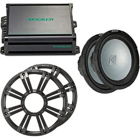Kicker - Two 12 Inch LED Marine Subwoofers in Charcoal, 1 Pair with 600 Watt Amplifier Bundle
