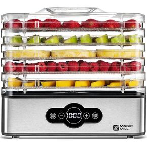 Magic Mill Food Dehydrator Machine | 5 Stackable Stainless Steel Trays Jerky Dryer with Digital Adjustable Timer & Temperature Control - Electric Food Preserver for Fruits, Veggies, Meats & Dog Treats (Renewed)