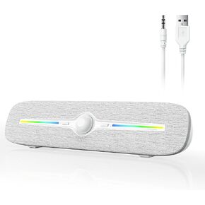 SOULION R90 Bluetooth Computer Speakers for Desktop, USB Powered 3.5mm AUX PC Speakers with LED Dynamic Light, Portable Soundbar Speaker with Rotary Volume Control for Laptop Monitor, White
