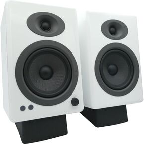Audioengine A5 White Wireless Bookshelf Bluetooth Speakers and DS2 Desktop Stands with Remote