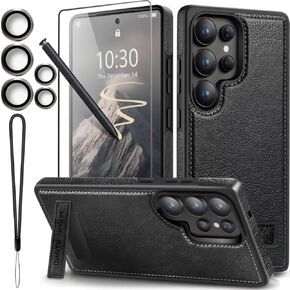 for Galaxy S25 Ultra Leather Case, Built-in Foldable Alloy Stand, with Camera Lens and Screen Protector, Slim Shockproof Kickstand Phone Cover 2025 (Brown)