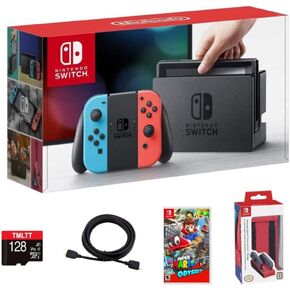 Nintendo 2020 Premium Switch 32GB Console Family Essential Bundle - Neon Red/Neon Blue Joy-Con, Super Mario Odyssey, Red Dual Joy-Con Charger, TMLTT 128GB MicroSD Card, HDMI Cable