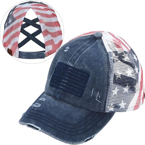 C.C Women's Criss-Cross Ponytail Baseball Cap – Embroidered Cotton Front, American Flag Mesh Back, Adjustable Velcro in Saudi Arabia