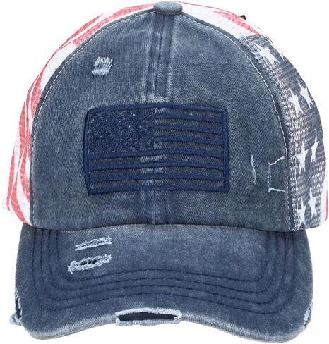 C.C Women's Criss-Cross Ponytail Baseball Cap – Embroidered Cotton Front, American Flag Mesh Back, Adjustable Velcro in Saudi Arabia