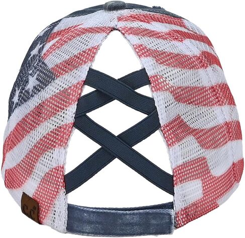C.C Women's Criss-Cross Ponytail Baseball Cap – Embroidered Cotton Front, American Flag Mesh Back, Adjustable Velcro in Saudi Arabia