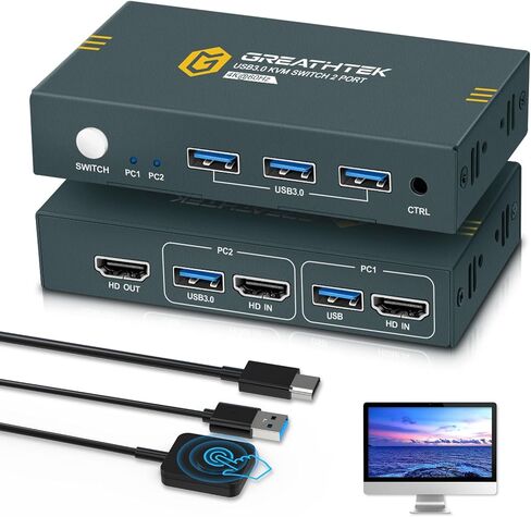 USB3.0 HDMI KVM Switch 2 Computers 1 Monitor,4K@60HZ 2 Port Monitor Switcher Sharing Keyboard&Mouse,with EDID in Saudi Arabia