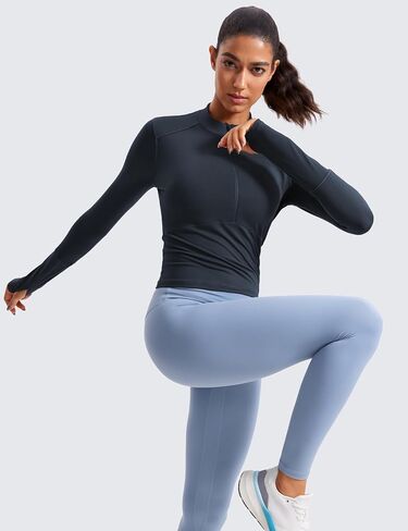 قميص نسائي قصير الأكمام من CRZ YOGA، قمصان قصيرة سريعة الجفاف للتمرين، بلوفر بنصف سحاب، قميص رياضي للجري، مقاس صغير باللون الكحلي الحقيقي in Saudi Arabia