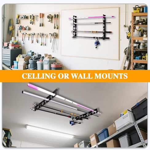 Fishing Rod Holder for Garage, Wall or Ceiling Mount - Acrylic Horizontal Fishing Pole Holders, Holds 5/10 Rods & Combos with Nets - Space-saving Rod Storage Organizer in Saudi Arabia