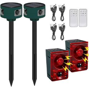 Qualirey 4 Pack Solar Outdoor Motion Sensor Alarm Ultrasonic Animal Deterrent Alarm in 2 129db Loud Noise Maker Multiple Work Mode Strobe Light for Farm, Home, Yard