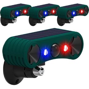 Solar Outdoor Motion Sensor Alarm, 2 * 130db Loud Siren Noise Maker with 4 Adjustable Modes and Red & Blue Strobe Light, Suitable for Orchards, Farms, 4 Pack
