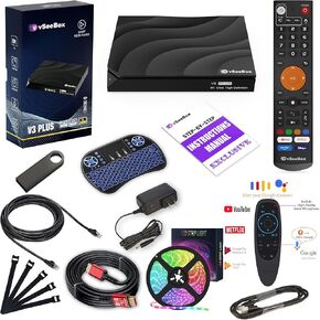 V انظر 2025 V3 Plus - لوحة المفاتيح ، عن بُعد ، شريط خفيف ، كابل HDMI و Ethernet ، محول USB ، مزود الطاقة والملحقات.
