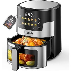 Air Fryer, 6 QT Air Fryers with Glass Touch Screen, Clear Windows, 10-in-1 Stainless Air Fryer Oven with Auto Shut-Off Time & Temperature Control for Roast, Bake, Broil, Keep Warm (DH1)