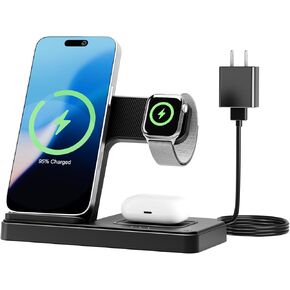 Wireless Charger Travel Charging Station: 3 in 1 Charger Stand Multiple Devices - for iPhone 16e 16 15 14 13 12 Pro Max - for Apple Watch and AirPods Ultra Series - Desk Nightstand Bedside, Black