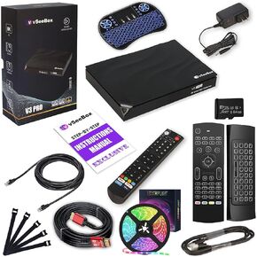 V See 2025 Box V3 Pro Data Storage Kit – Includes Remotes, 64GB Storage, LED Strip, Keyboard, HDMI & Ethernet Cables, Power Adapter & Setup Guide.