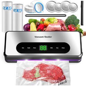 Vacuum Sealer Machine with UV-C Light, Includes Mason Jar Sealer Kit and 2 Bag Rolls, Digital Display & Built-in Cutter, Fully Automatic Dry & Moist Modes, Compact for Food Storage and Sous Vide