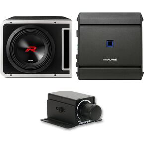 Alpine R2-SB10V-BNDL 10" Type-R Halo Loaded Enclosure with S-A60M 600 Watt Mono Amplifier and RUX-KNOB.2 Bass Knob