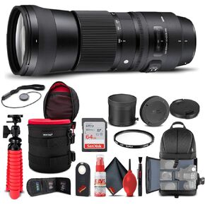 Sigma 150-600mm f/5-6.3 DG OS HSM Contemporary Lens for Nikon F (745-306) Bundle + Backpack + 64GB Card + Lens Case + Card Reader + UV Filter + Cleaning Set + Flex Tripod + Memory Wallet + More