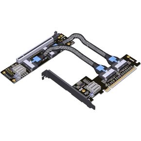 JMT ADT-F36B-F37B PCI-e 4.0 X16 to X16 MCIO Bifurcation Adapter Riser Card 256G/bps Split Extender with Power Cable (100cm)